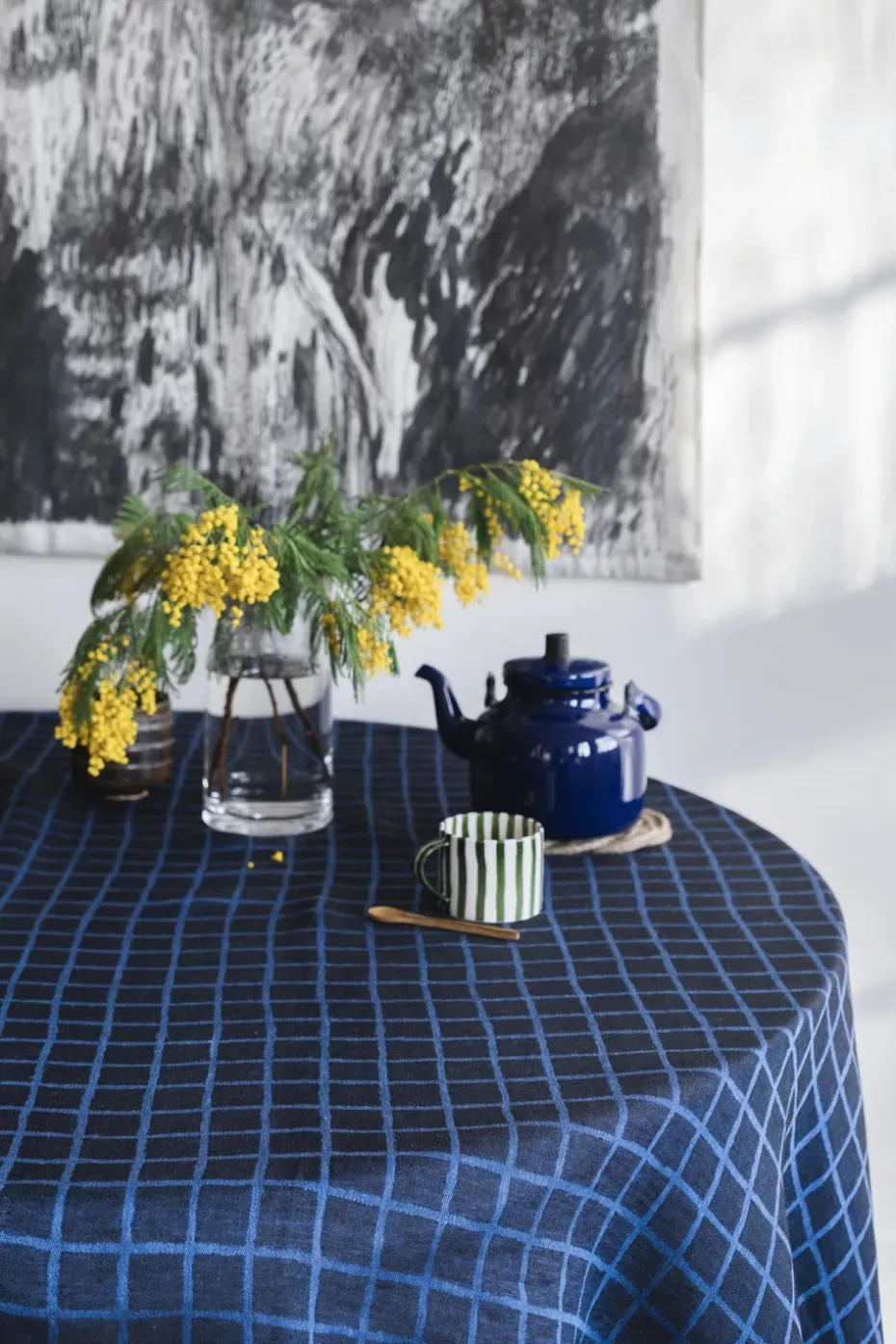 Geruit jacquardgeweven tafelkleed 147x147 cm, Blue-black