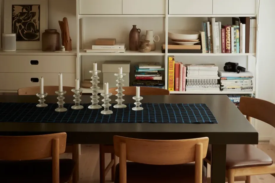 Geruite jacquardgeweven tafelloper 45x150 cm, Blue-black