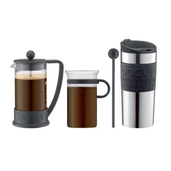 Koffieset met cafetière, kop, reismok en lepel, Zwart