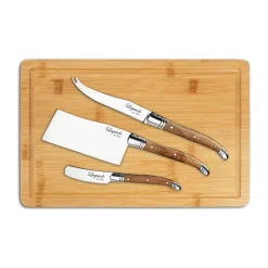 Laguiole By Hâws kaasservies met snijplank 4-delig, Bamboe-olijfhout-roestvrij staal