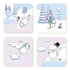 Moomin glasonderzetter winter 2022 9x9 cm 4-pack, Blauw-wit-roze