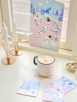 Moomin glasonderzetter winter 2022 9x9 cm 4-pack, Blauw-wit-roze